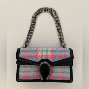 Gucci Dionysus black leather large shoulder bag pink and blue tweed